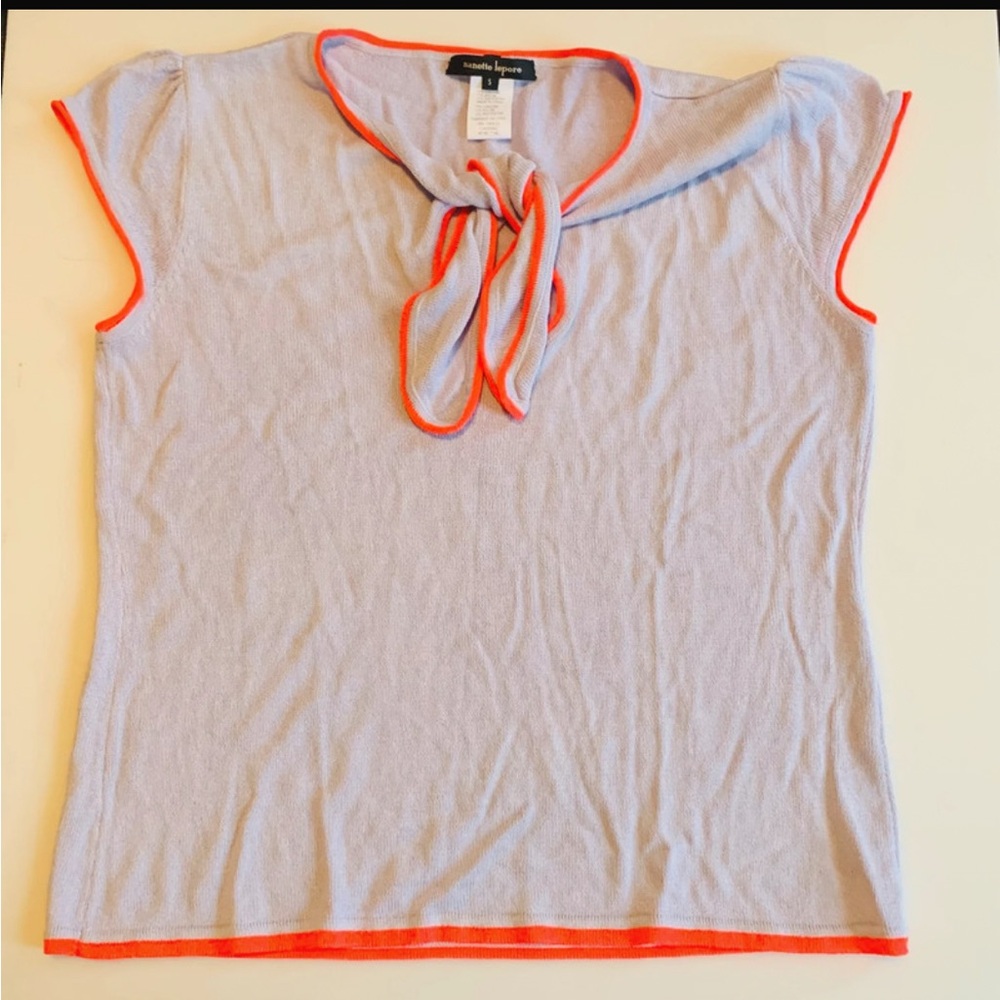 Nanette Lepore lavender knit tie-neck top with neon coral trim